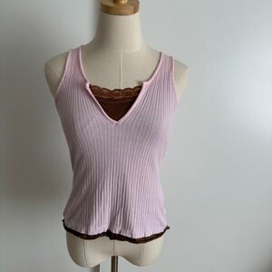 Daniel Design Pink Ribbed Tank Top Brown‎ Lace Trim V Neck Sleeveless Blouse